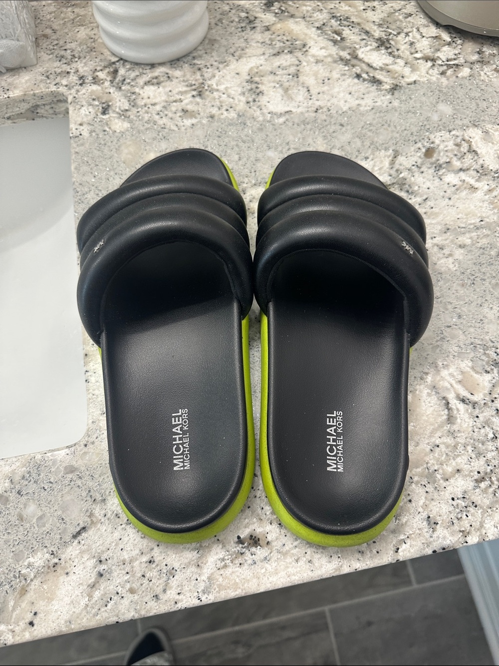 Michael Kors Black Slide Sandals with Neon Green Accent - Picture 2 of 3